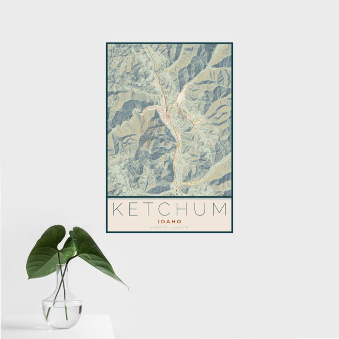 16x24 Ketchum Idaho Map Print Portrait Orientation in Woodblock Style With Tropical Plant Leaves in Water
