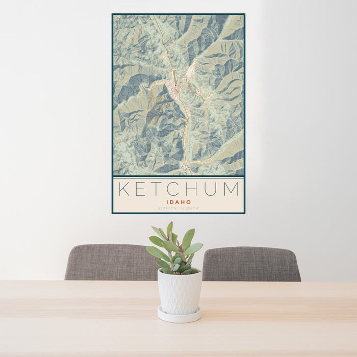 24x36 Ketchum Idaho Map Print Portrait Orientation in Woodblock Style Behind 2 Chairs Table and Potted Plant