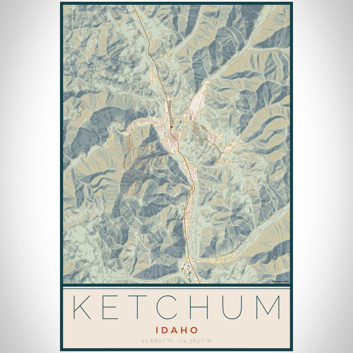 Ketchum Idaho Map Print Portrait Orientation in Woodblock Style With Shaded Background