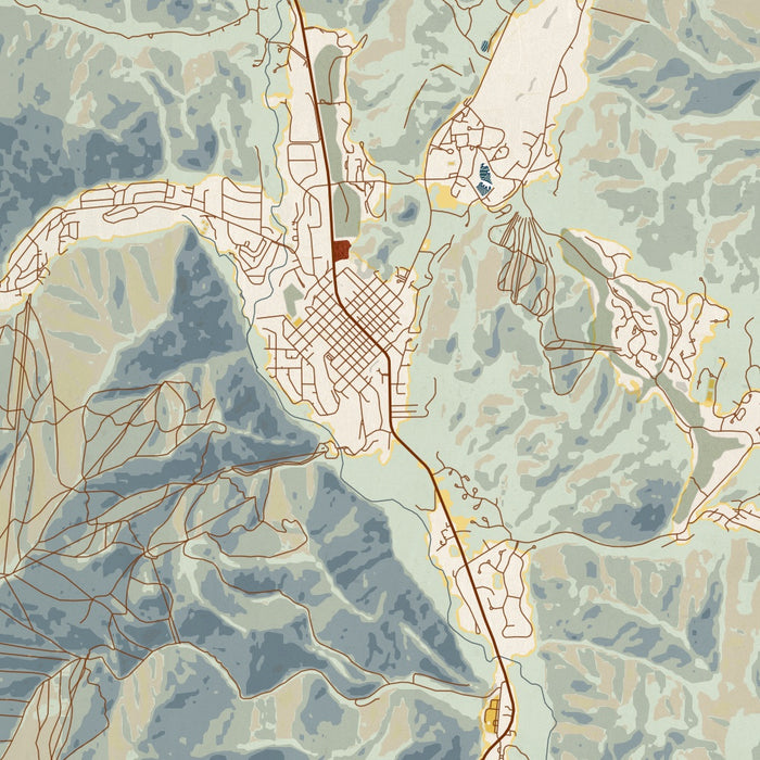 Ketchum Idaho Map Print in Woodblock Style Zoomed In Close Up Showing Details