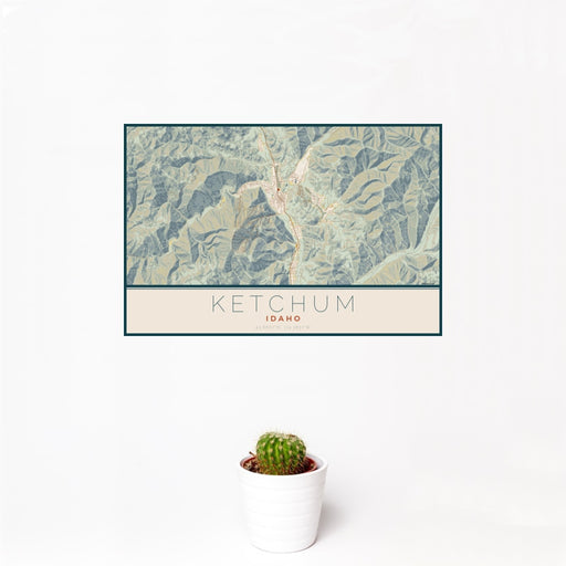 12x18 Ketchum Idaho Map Print Landscape Orientation in Woodblock Style With Small Cactus Plant in White Planter