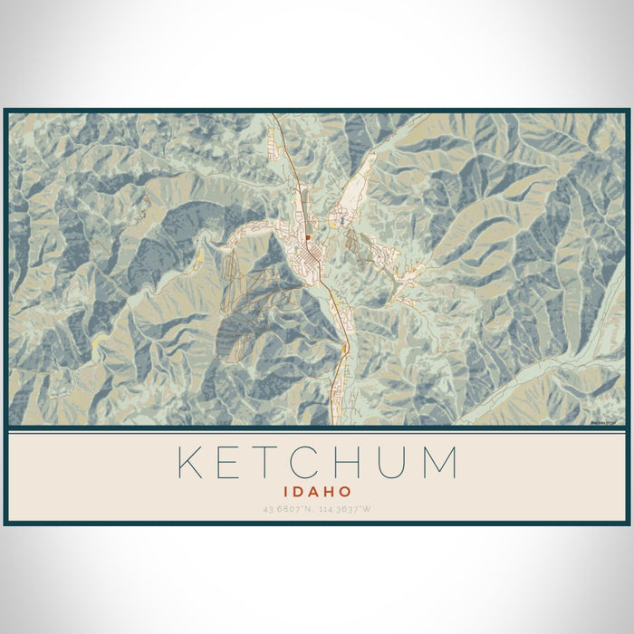 Ketchum Idaho Map Print Landscape Orientation in Woodblock Style With Shaded Background