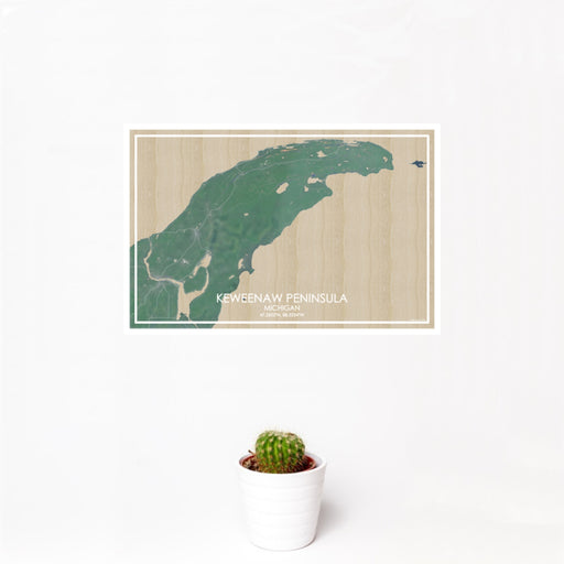 12x18 Keweenaw Peninsula Michigan Map Print Landscape Orientation in Afternoon Style With Small Cactus Plant in White Planter