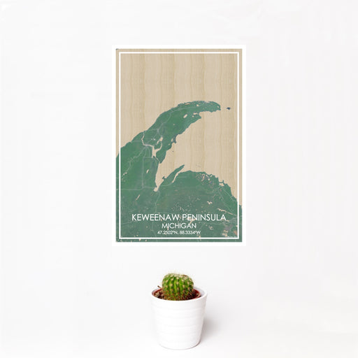12x18 Keweenaw Peninsula Michigan Map Print Portrait Orientation in Afternoon Style With Small Cactus Plant in White Planter