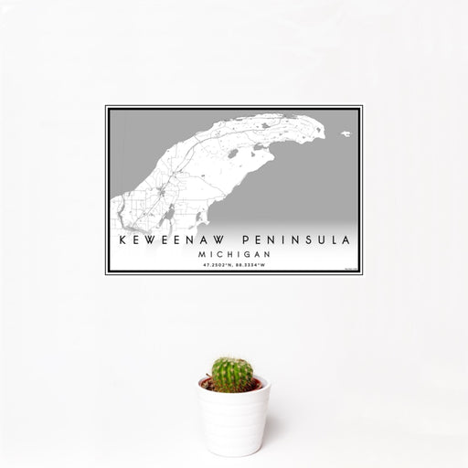 12x18 Keweenaw Peninsula Michigan Map Print Landscape Orientation in Classic Style With Small Cactus Plant in White Planter