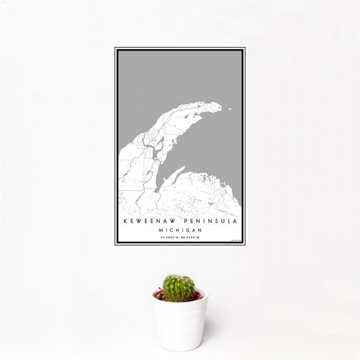 12x18 Keweenaw Peninsula Michigan Map Print Portrait Orientation in Classic Style With Small Cactus Plant in White Planter