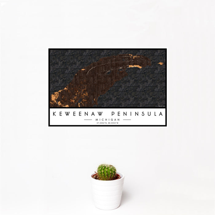 12x18 Keweenaw Peninsula Michigan Map Print Landscape Orientation in Ember Style With Small Cactus Plant in White Planter