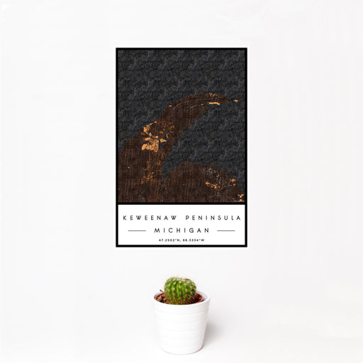 12x18 Keweenaw Peninsula Michigan Map Print Portrait Orientation in Ember Style With Small Cactus Plant in White Planter