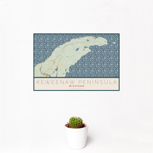 12x18 Keweenaw Peninsula Michigan Map Print Landscape Orientation in Woodblock Style With Small Cactus Plant in White Planter