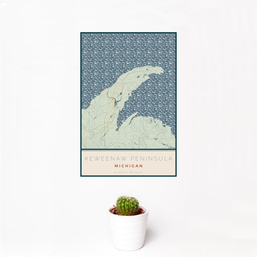 12x18 Keweenaw Peninsula Michigan Map Print Portrait Orientation in Woodblock Style With Small Cactus Plant in White Planter
