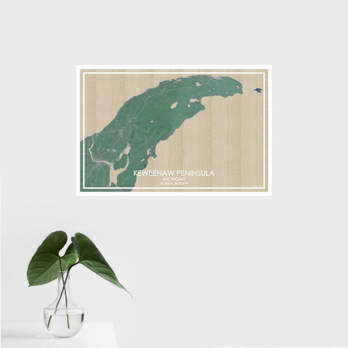 16x24 Keweenaw Peninsula Michigan Map Print Landscape Orientation in Afternoon Style With Tropical Plant Leaves in Water
