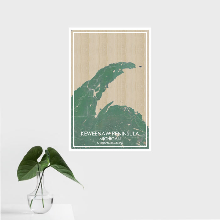 16x24 Keweenaw Peninsula Michigan Map Print Portrait Orientation in Afternoon Style With Tropical Plant Leaves in Water