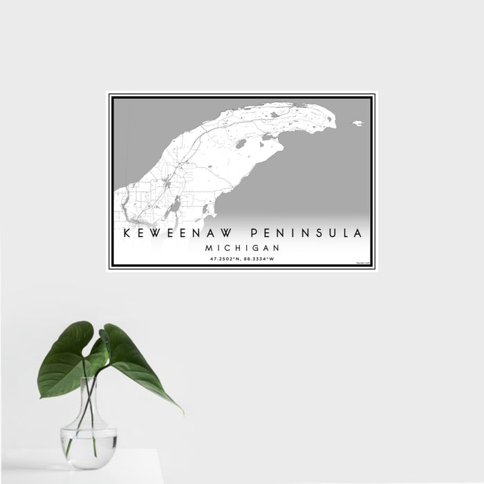 16x24 Keweenaw Peninsula Michigan Map Print Landscape Orientation in Classic Style With Tropical Plant Leaves in Water
