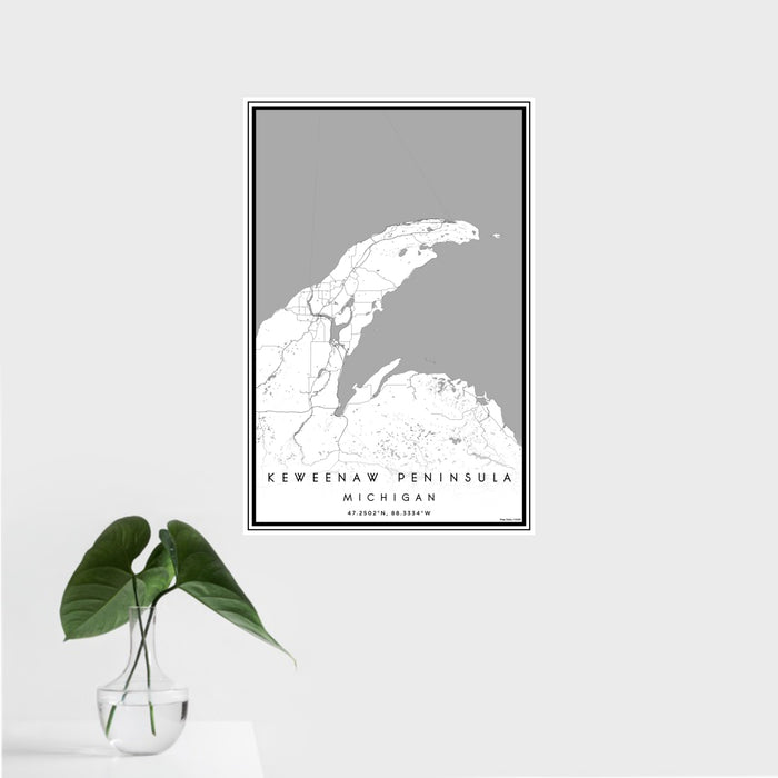 16x24 Keweenaw Peninsula Michigan Map Print Portrait Orientation in Classic Style With Tropical Plant Leaves in Water