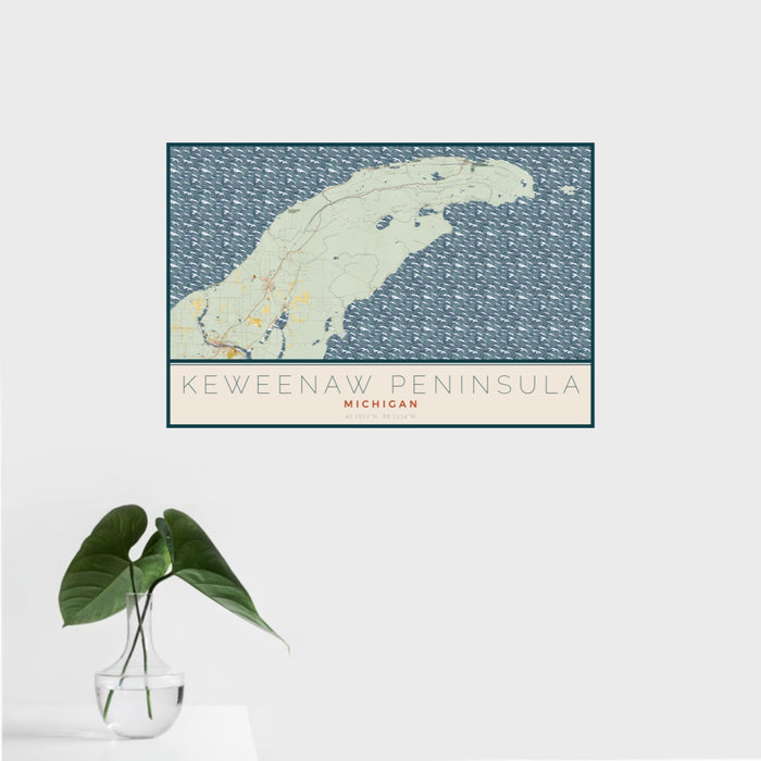 16x24 Keweenaw Peninsula Michigan Map Print Landscape Orientation in Woodblock Style With Tropical Plant Leaves in Water