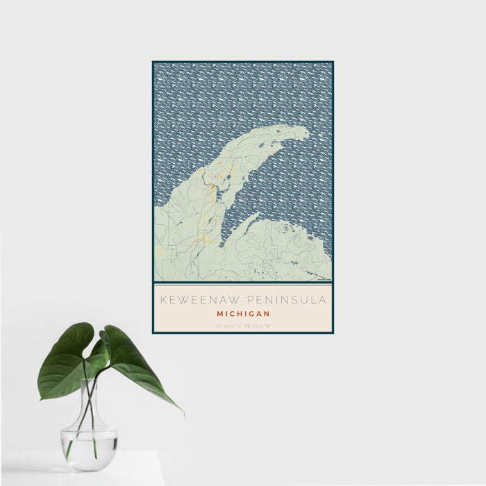 16x24 Keweenaw Peninsula Michigan Map Print Portrait Orientation in Woodblock Style With Tropical Plant Leaves in Water