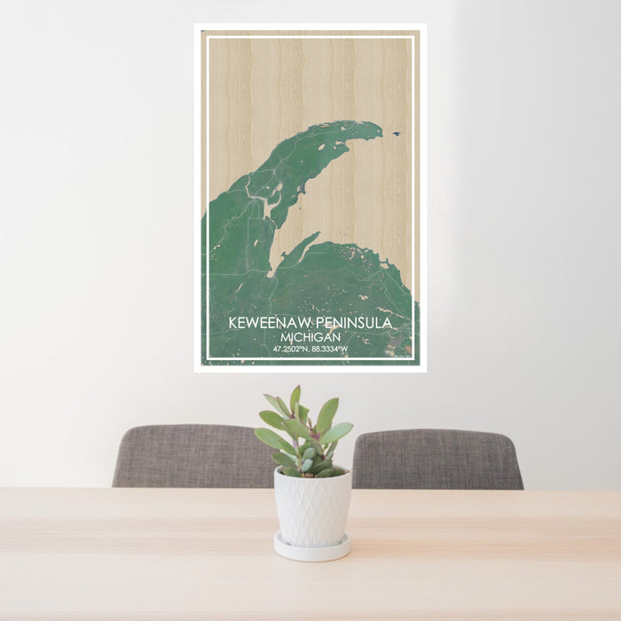 24x36 Keweenaw Peninsula Michigan Map Print Portrait Orientation in Afternoon Style Behind 2 Chairs Table and Potted Plant