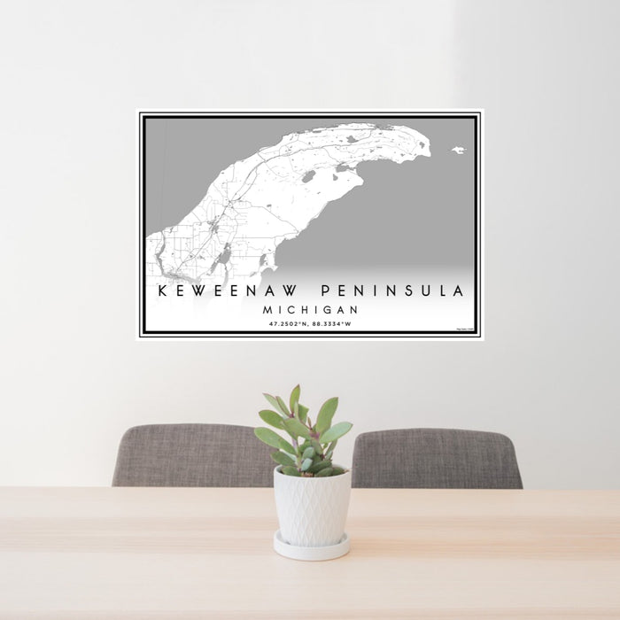 24x36 Keweenaw Peninsula Michigan Map Print Lanscape Orientation in Classic Style Behind 2 Chairs Table and Potted Plant