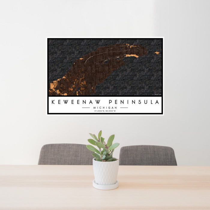 24x36 Keweenaw Peninsula Michigan Map Print Lanscape Orientation in Ember Style Behind 2 Chairs Table and Potted Plant