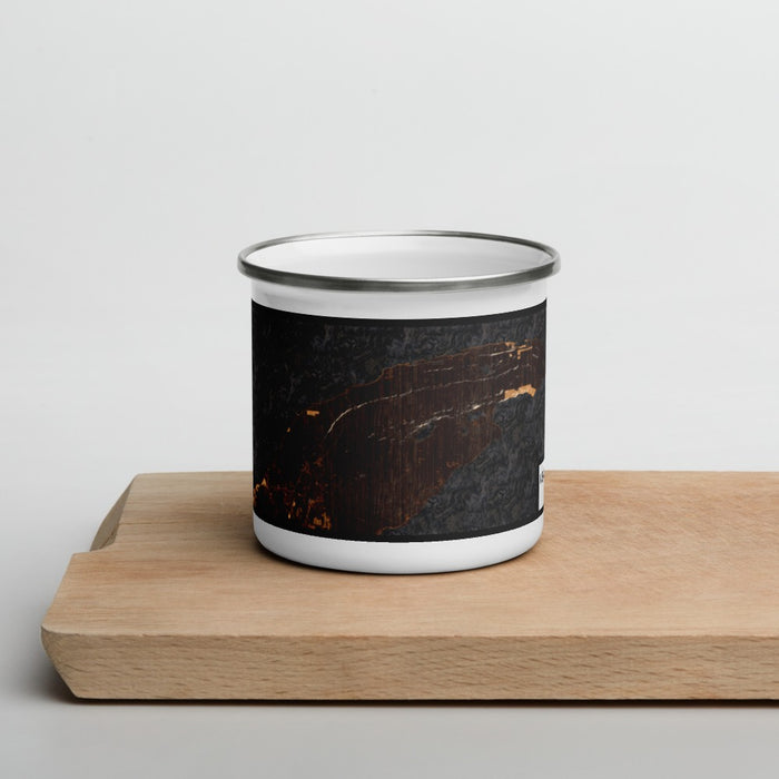 Front View Custom Keweenaw Peninsula Michigan Map Enamel Mug in Ember on Cutting Board