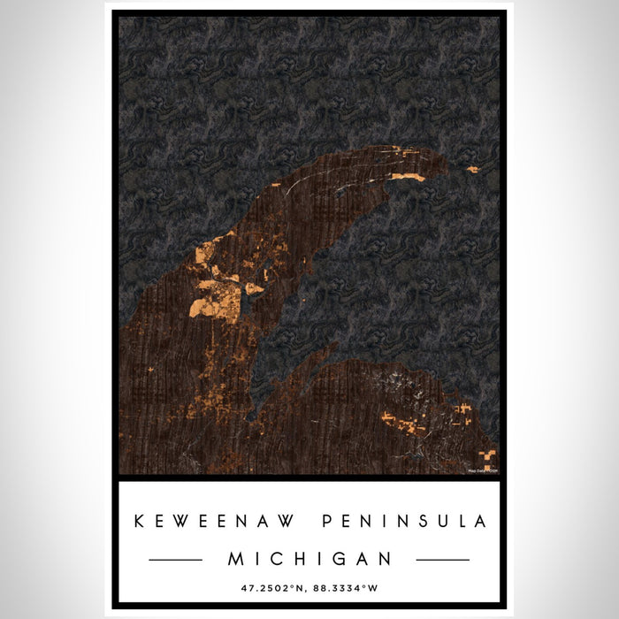 Keweenaw Peninsula Michigan Map Print Portrait Orientation in Ember Style With Shaded Background
