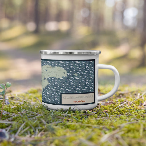 Right View Custom Keweenaw Peninsula Michigan Map Enamel Mug in Woodblock on Grass With Trees in Background