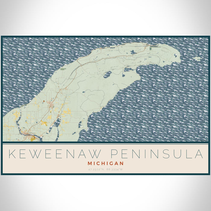 Keweenaw Peninsula Michigan Map Print Landscape Orientation in Woodblock Style With Shaded Background