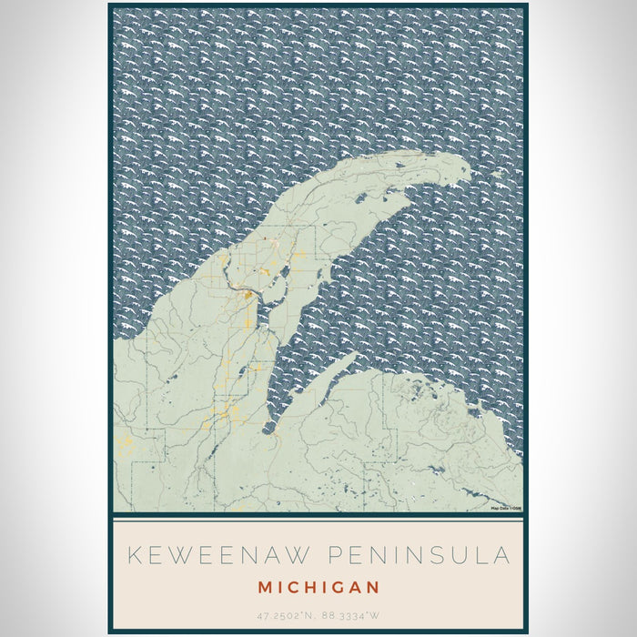 Keweenaw Peninsula Michigan Map Print Portrait Orientation in Woodblock Style With Shaded Background