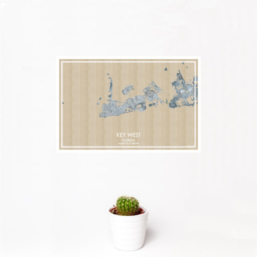 12x18 Key West Florida Map Print Landscape Orientation in Afternoon Style With Small Cactus Plant in White Planter