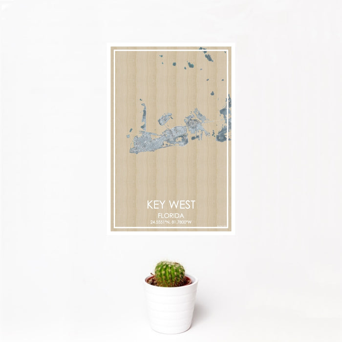 12x18 Key West Florida Map Print Portrait Orientation in Afternoon Style With Small Cactus Plant in White Planter