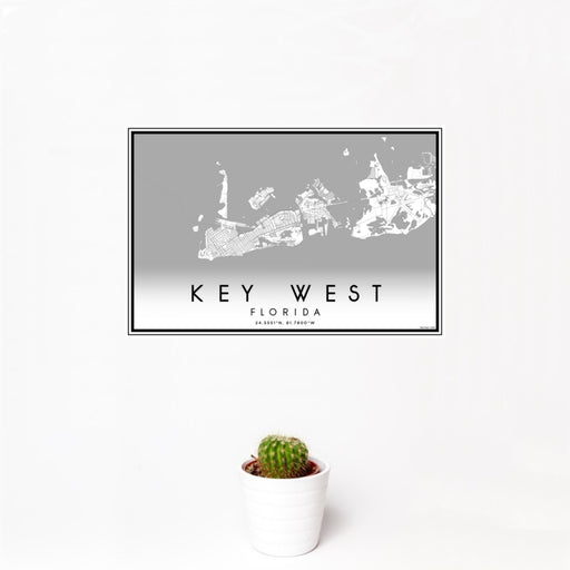 12x18 Key West Florida Map Print Landscape Orientation in Classic Style With Small Cactus Plant in White Planter
