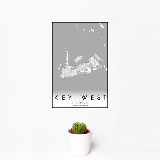 12x18 Key West Florida Map Print Portrait Orientation in Classic Style With Small Cactus Plant in White Planter