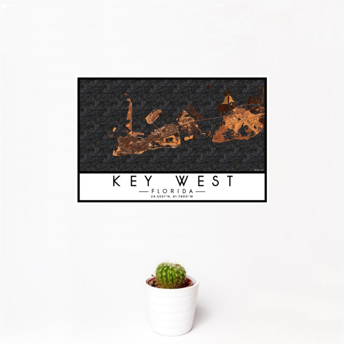 12x18 Key West Florida Map Print Landscape Orientation in Ember Style With Small Cactus Plant in White Planter