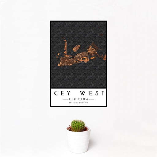 12x18 Key West Florida Map Print Portrait Orientation in Ember Style With Small Cactus Plant in White Planter