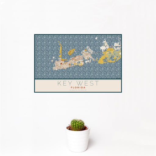 12x18 Key West Florida Map Print Landscape Orientation in Woodblock Style With Small Cactus Plant in White Planter