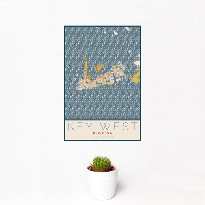 12x18 Key West Florida Map Print Portrait Orientation in Woodblock Style With Small Cactus Plant in White Planter