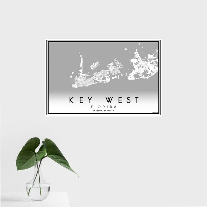 16x24 Key West Florida Map Print Landscape Orientation in Classic Style With Tropical Plant Leaves in Water