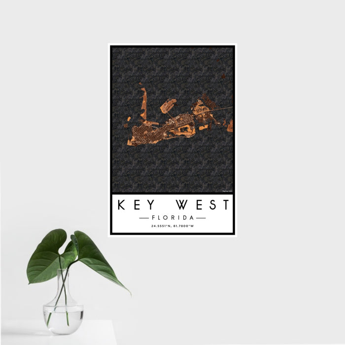 16x24 Key West Florida Map Print Portrait Orientation in Ember Style With Tropical Plant Leaves in Water