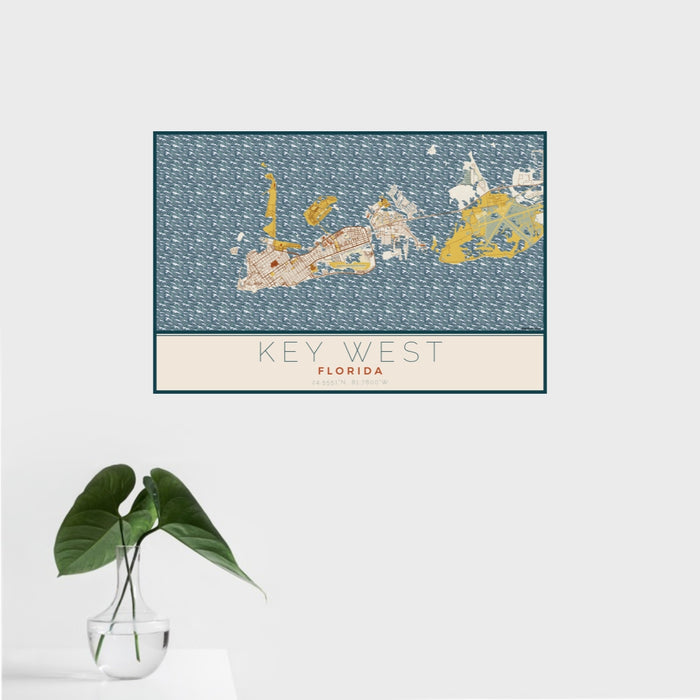 16x24 Key West Florida Map Print Landscape Orientation in Woodblock Style With Tropical Plant Leaves in Water