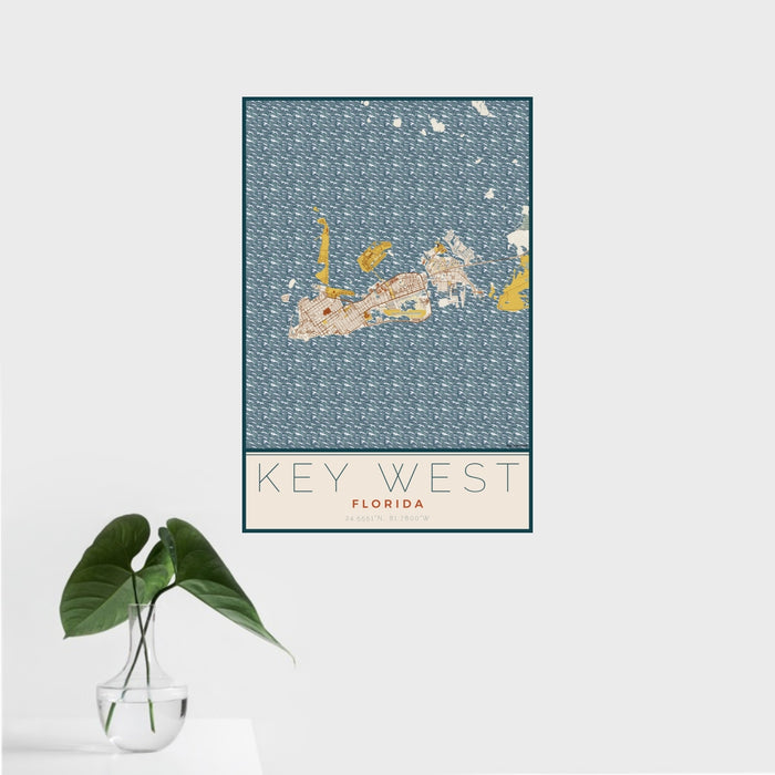 16x24 Key West Florida Map Print Portrait Orientation in Woodblock Style With Tropical Plant Leaves in Water