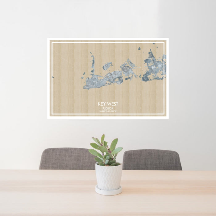 24x36 Key West Florida Map Print Lanscape Orientation in Afternoon Style Behind 2 Chairs Table and Potted Plant