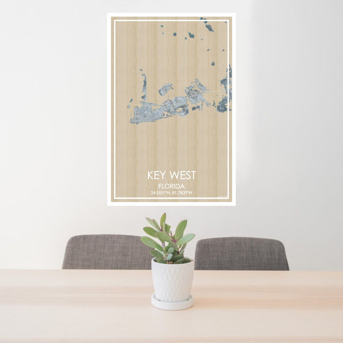 24x36 Key West Florida Map Print Portrait Orientation in Afternoon Style Behind 2 Chairs Table and Potted Plant