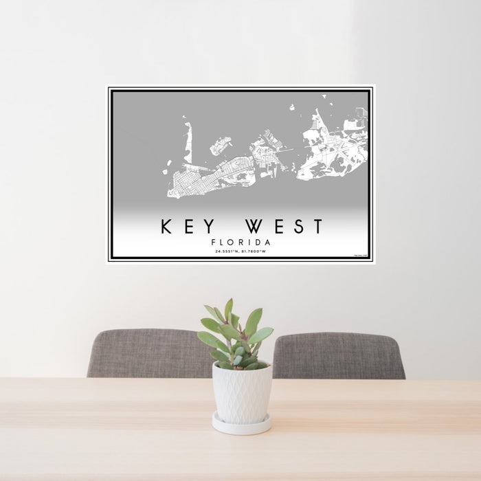 24x36 Key West Florida Map Print Lanscape Orientation in Classic Style Behind 2 Chairs Table and Potted Plant