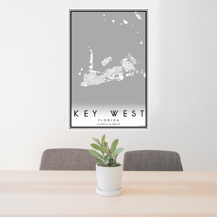 24x36 Key West Florida Map Print Portrait Orientation in Classic Style Behind 2 Chairs Table and Potted Plant