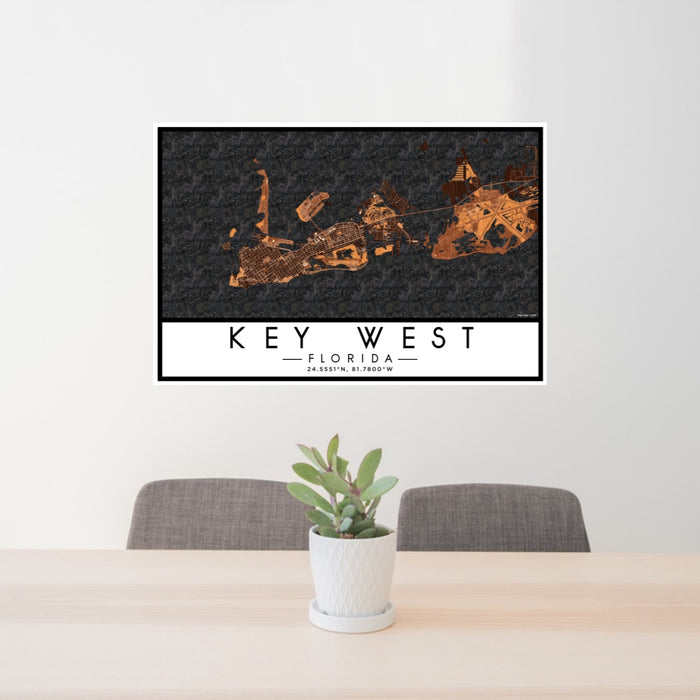 24x36 Key West Florida Map Print Lanscape Orientation in Ember Style Behind 2 Chairs Table and Potted Plant