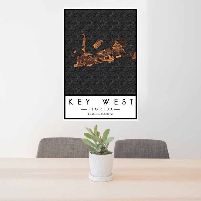 24x36 Key West Florida Map Print Portrait Orientation in Ember Style Behind 2 Chairs Table and Potted Plant