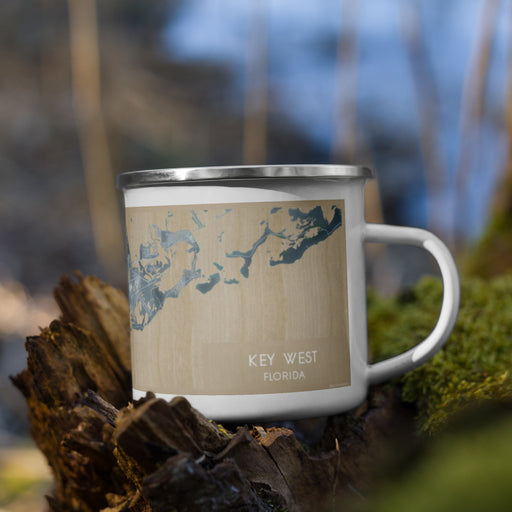 Right View Custom Key West Florida Map Enamel Mug in Afternoon on Grass With Trees in Background