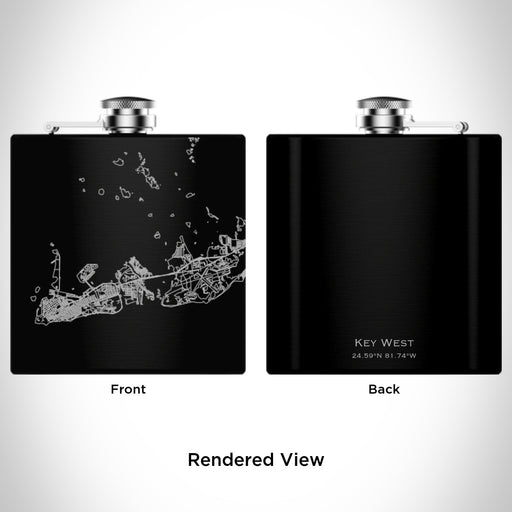 Rendered View of Key West Florida Map Engraving on 6oz Stainless Steel Flask in Black