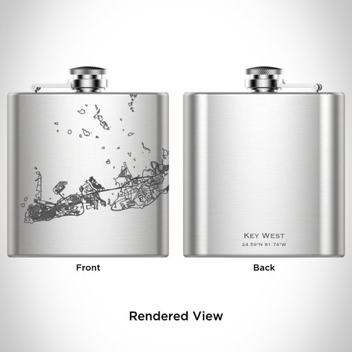 Rendered View of Key West Florida Map Engraving on 6oz Stainless Steel Flask