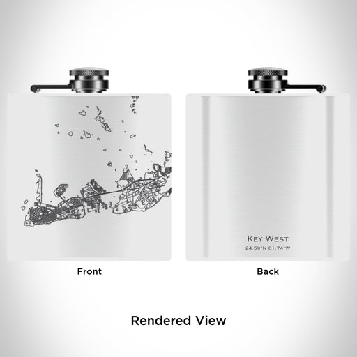 Rendered View of Key West Florida Map Engraving on 6oz Stainless Steel Flask in White